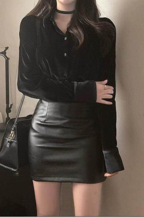 Hip-Wrapped PU Small Leather Skirt