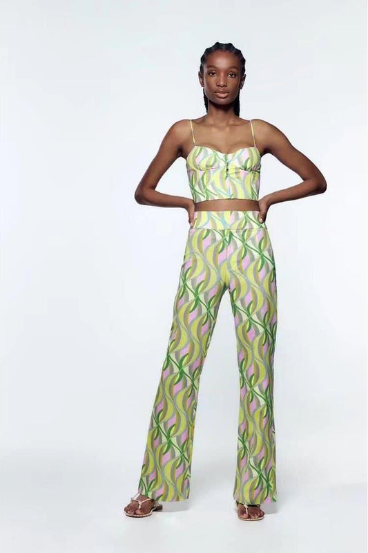 Printed Flared Trousers with Elasticated Waistband