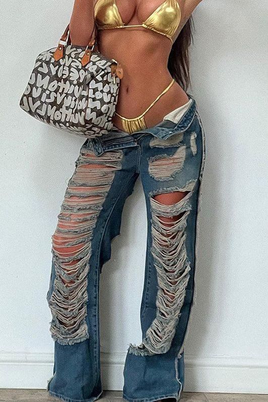 Ripped Old Straight Jeans with Distressed Detailing