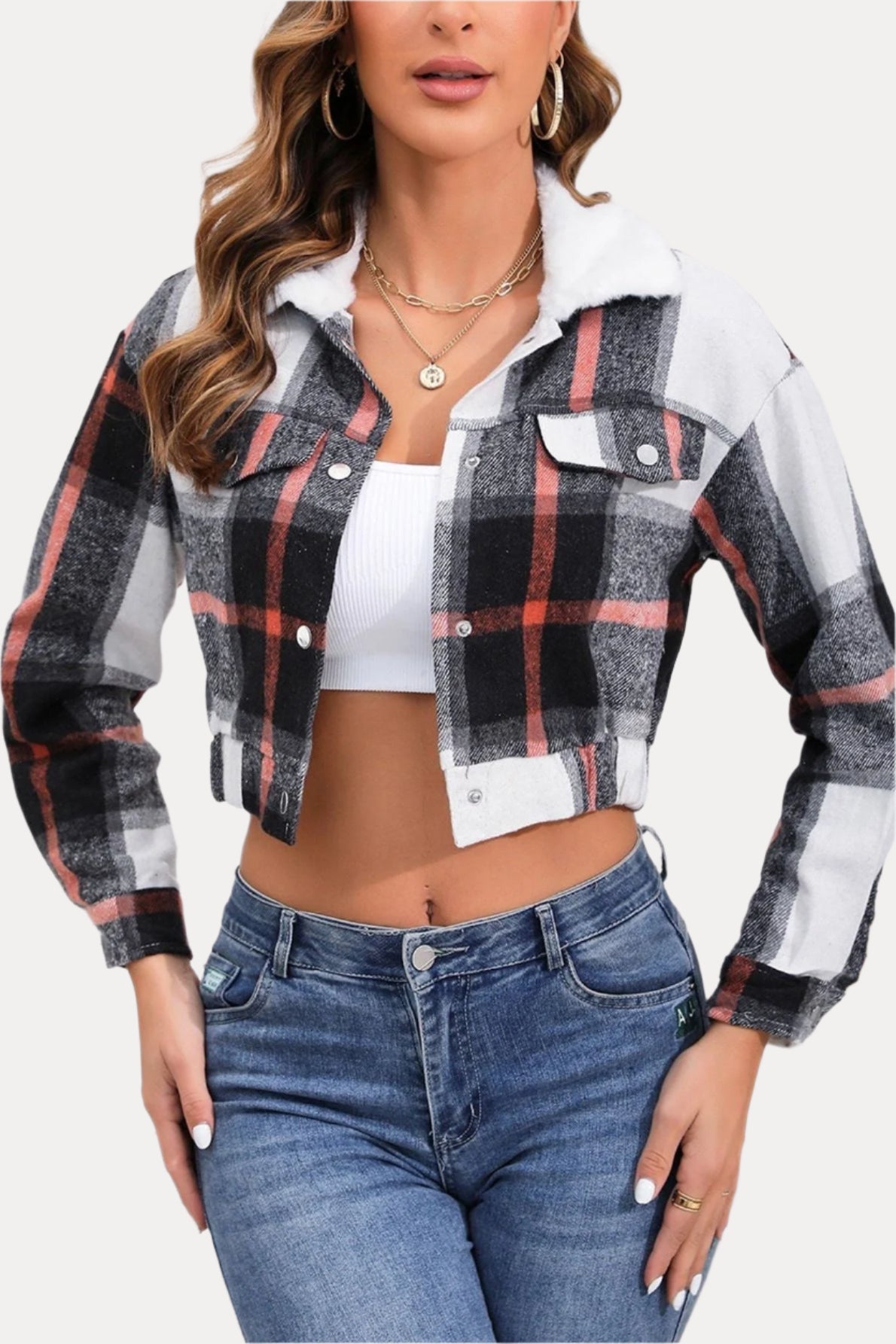 Plaid Long-Sleeved Cropped Jacket