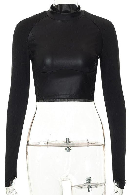 Long-Sleeved Splicing Short PU Leather Top