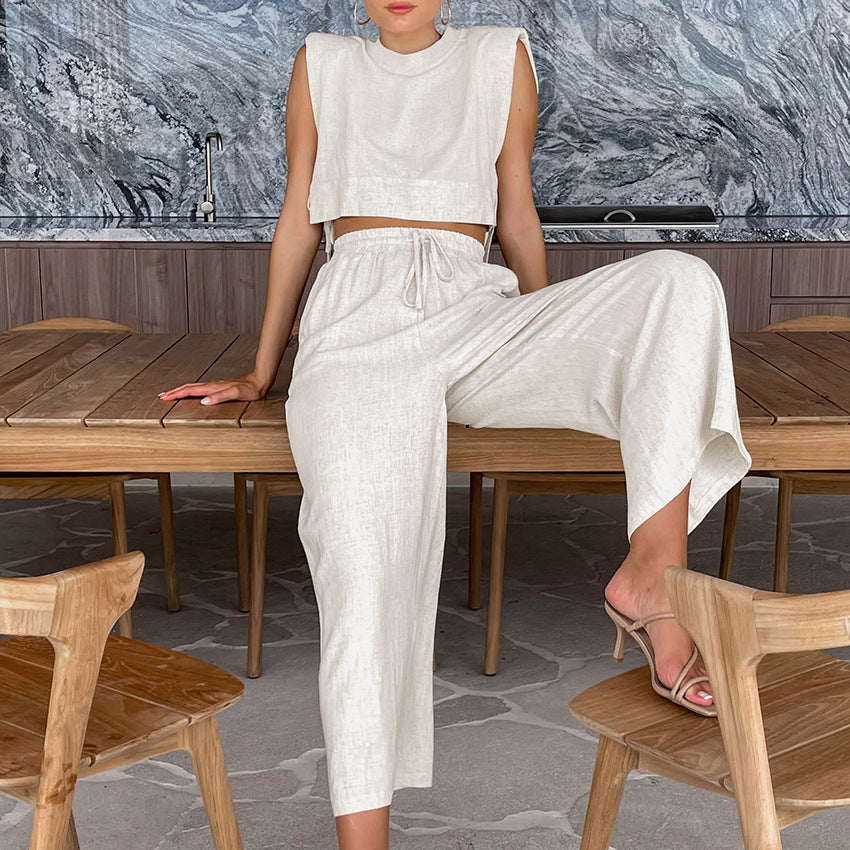 Padded Shoulder Two Piece Linen Set