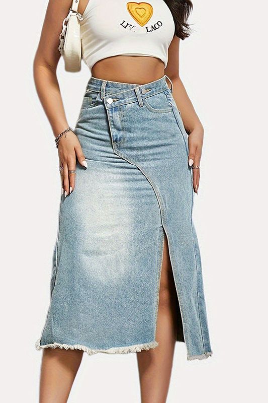 Split Cotton Denim High Waist Slim Skirt