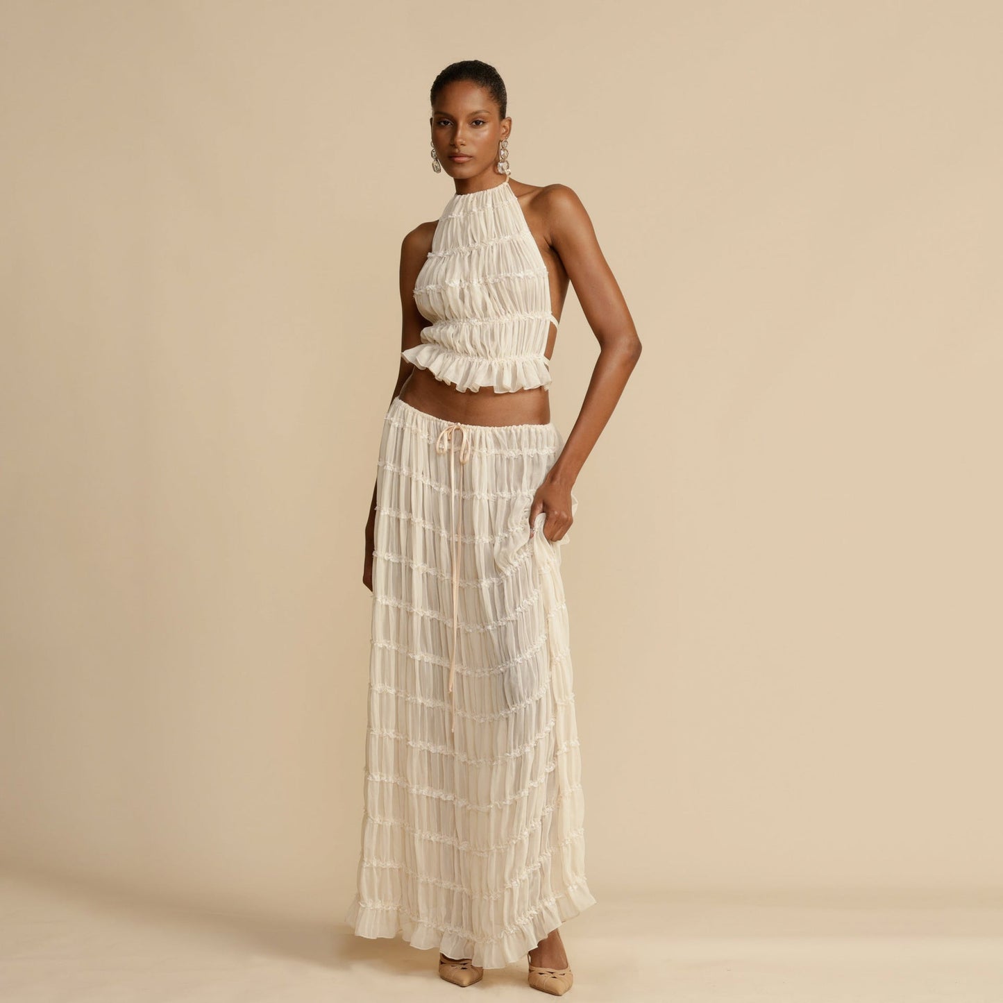 Pleated Two Piece Set with Halter Neckline