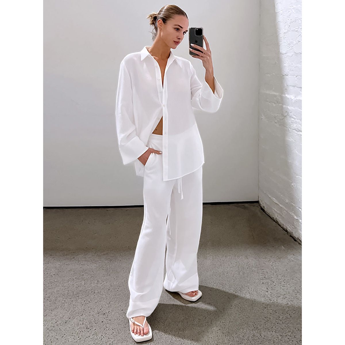 White Pure Cotton Street Style Trousers Suit