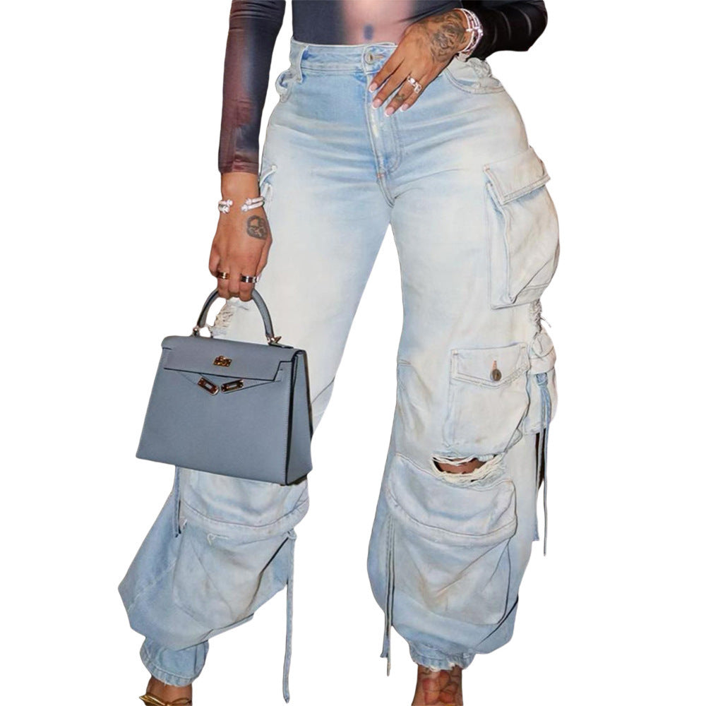 Retro Multi-Pocket Denim Pants for Street Style