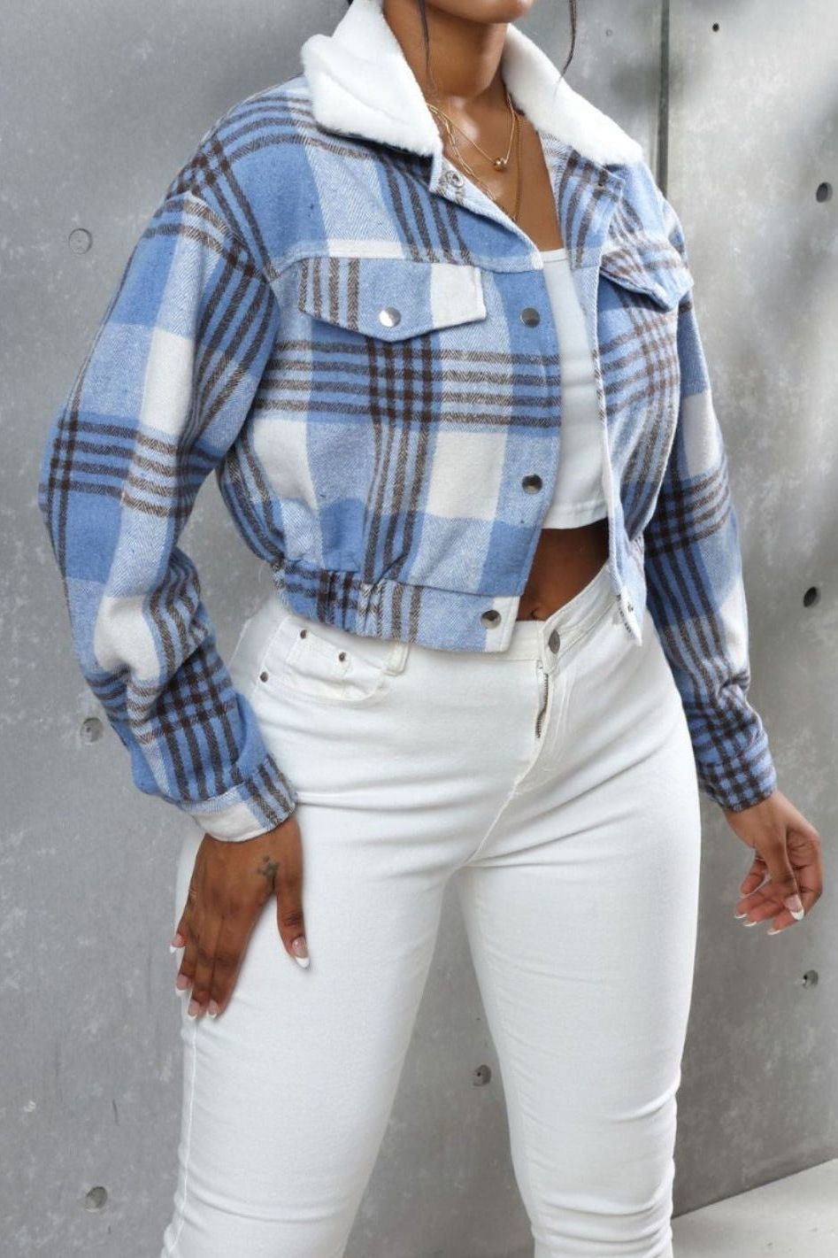 Plaid Long-Sleeved Cropped Jacket