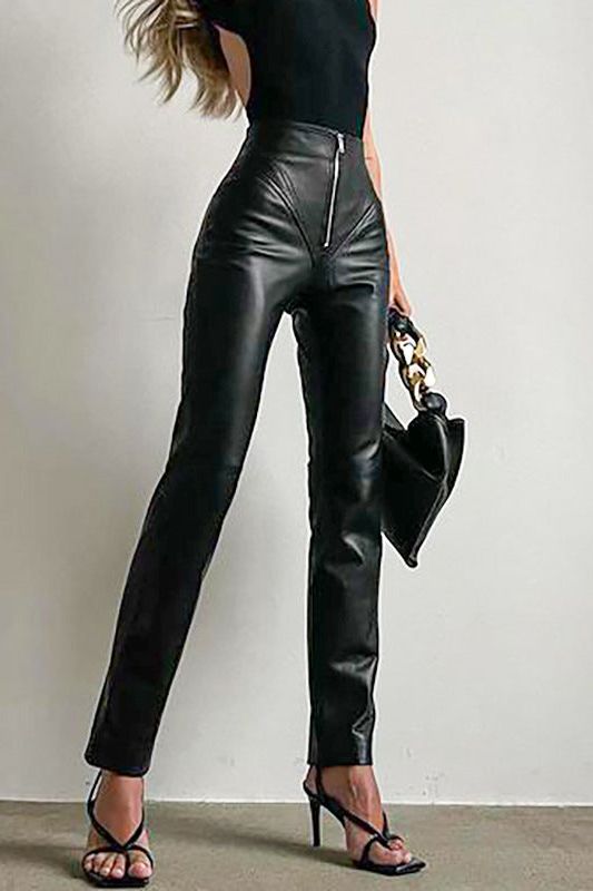 Hip-Lifting Slim Front Zipper PU Leather Pants