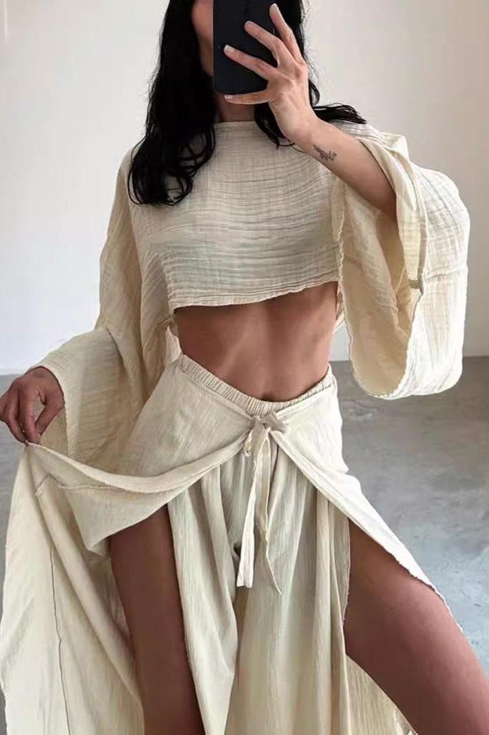 Linen Blend Crop Top Ruffled Pant Set