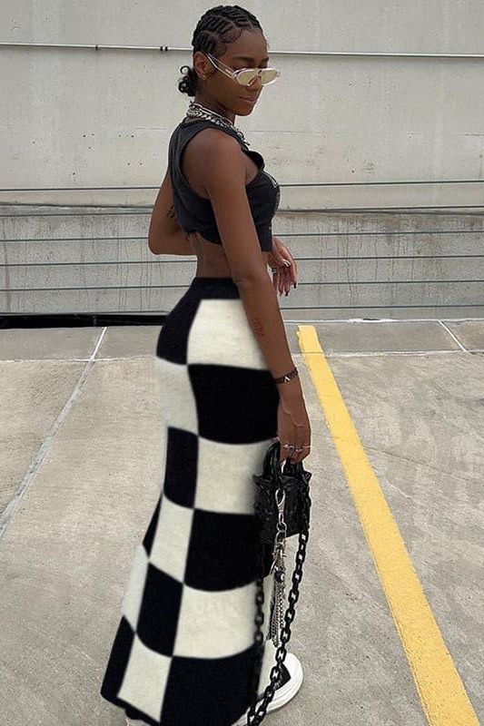 High Waist Slim Slit Checkerboard Skirt