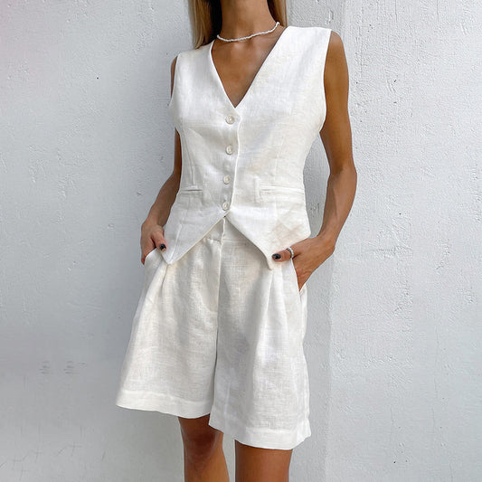 Linen Vest Suit with Sleeveless Top and Shorts