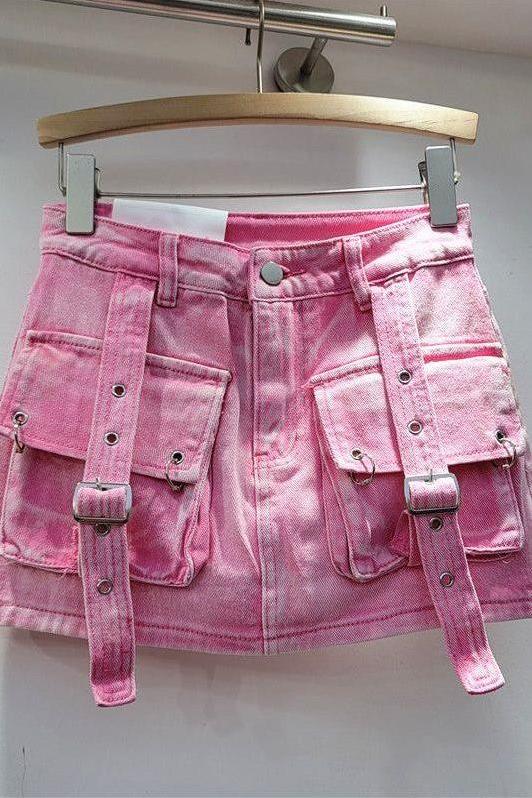 Pink Cargo Pocket Straps A-Line Mini Skirt