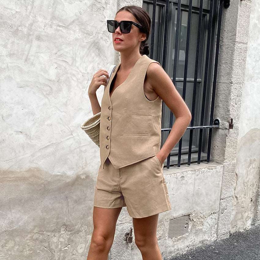 Khaki Cotton Vest Set with Shorts