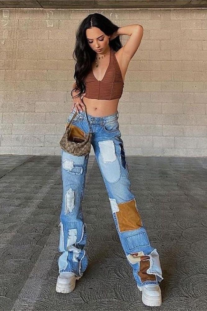 American Retro Style Contrast Patch Jeans