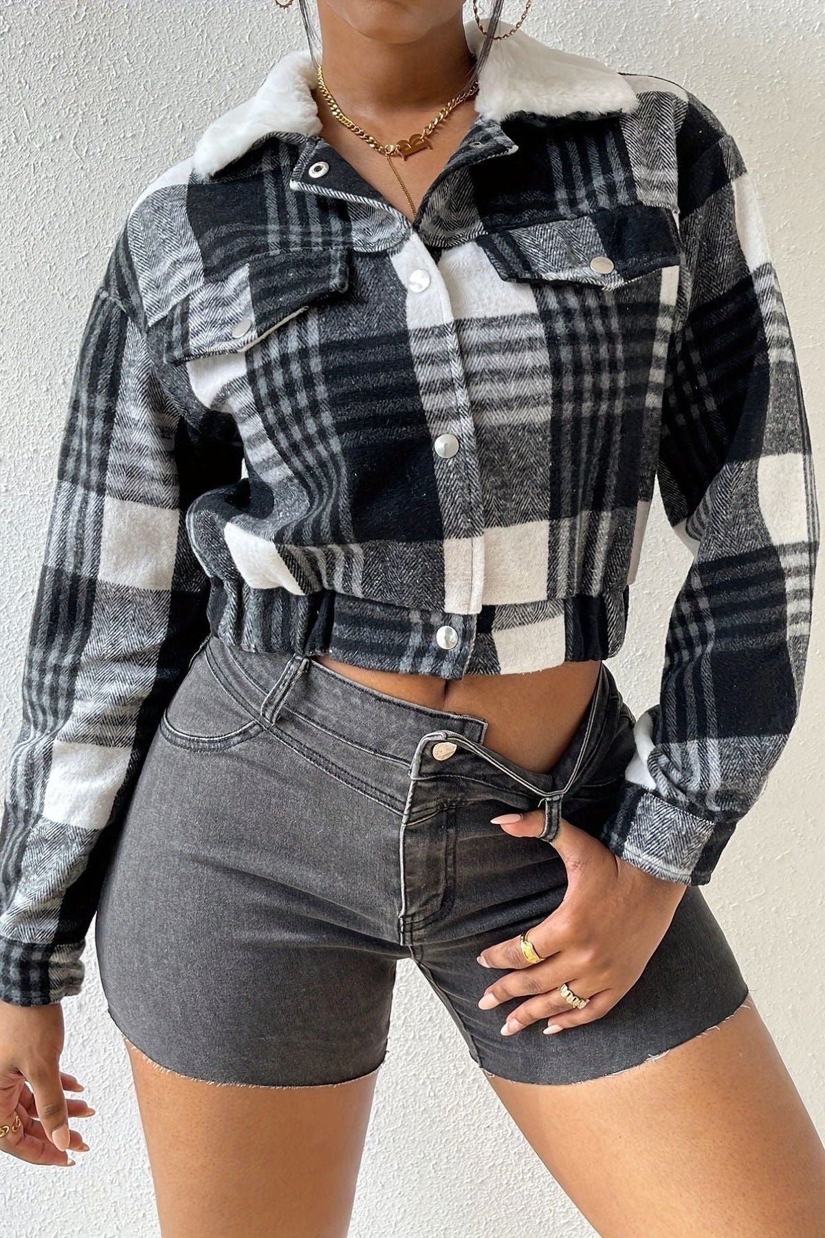 Plaid Long-Sleeved Cropped Jacket