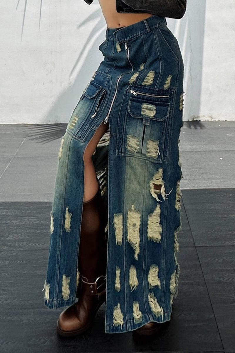 Frayed Slim Fit Denim Long Skirt