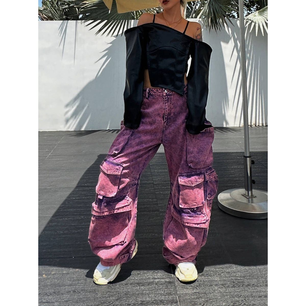 Wide-Leg Purple Cargo Pants with Pockets