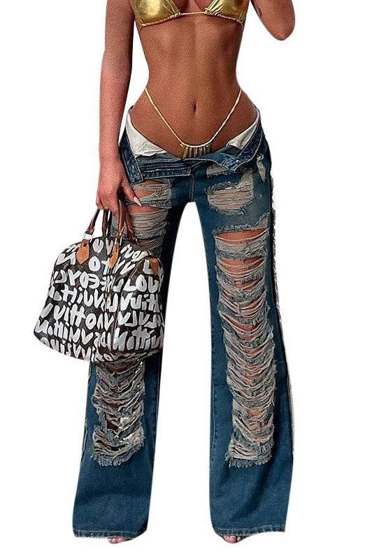 Ripped Old Straight Jeans with Distressed Detailing