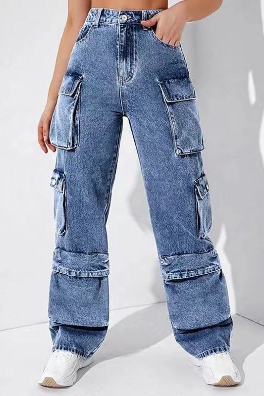 Loose Fit Cargo Denim Jeans with Spacious Pockets