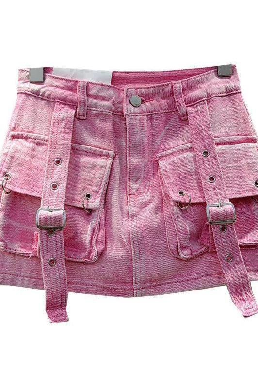 Pink Cargo Pocket Straps A-Line Mini Skirt