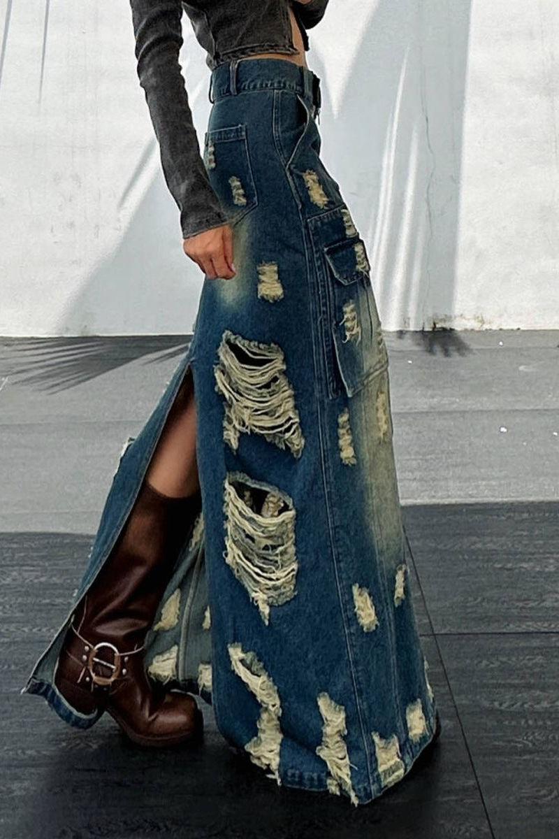 Frayed Slim Fit Denim Long Skirt