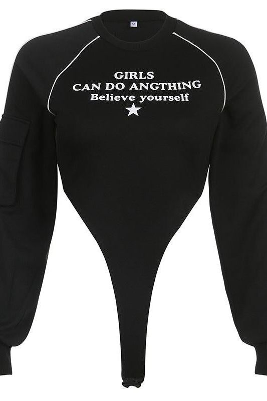 Black Bodysuit with Sleeve Pocket and Raglan Print