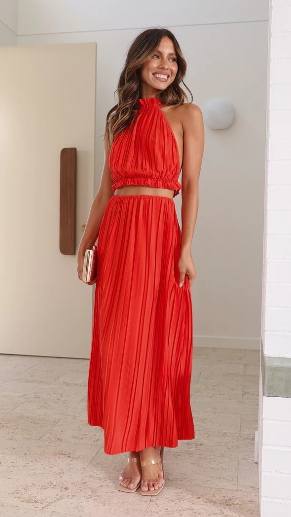 Pleated Two Piece Set with Halter Neckline