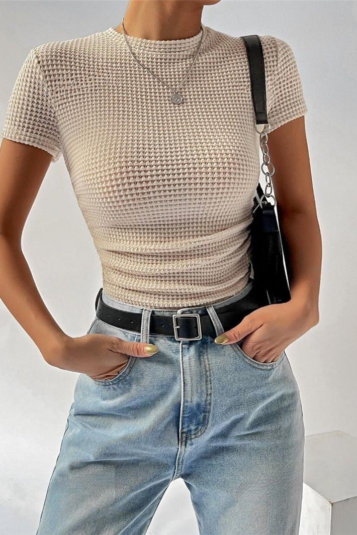 Slim Versatile Pleated Round Neck T-shirt