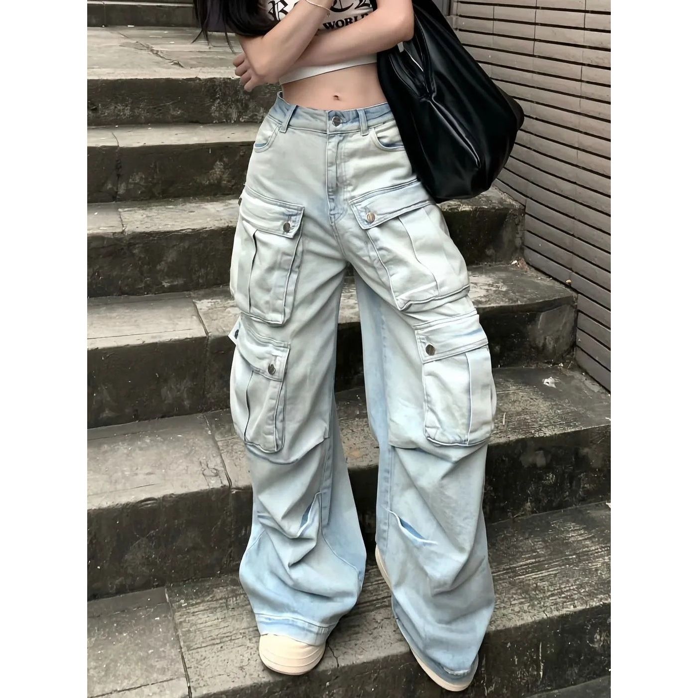 Multi-Pocket Cargo Wide Leg Jeans