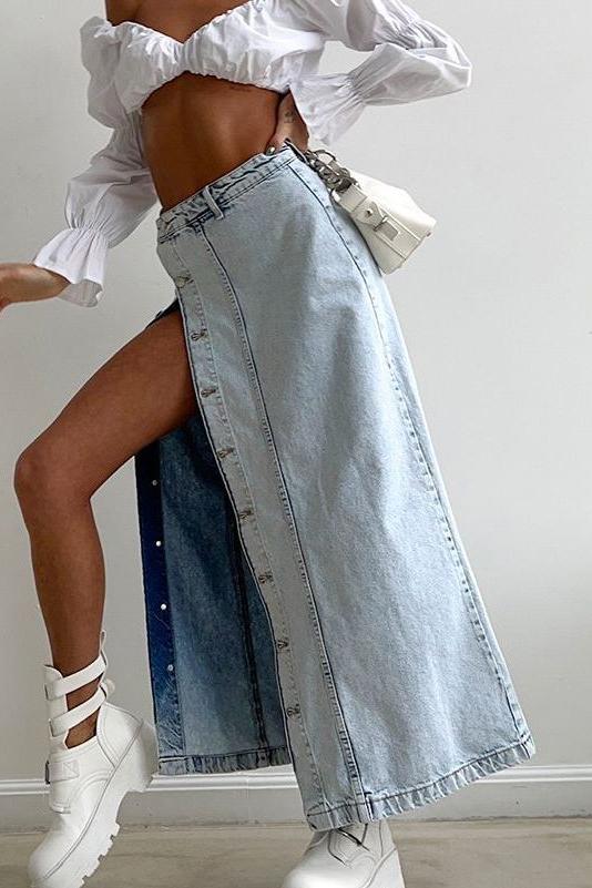 American Retro Slit Denim Long Skirt