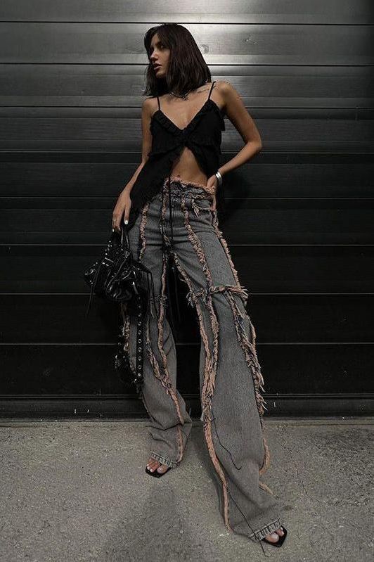 American Street Style Raw-Edge Split Jeans