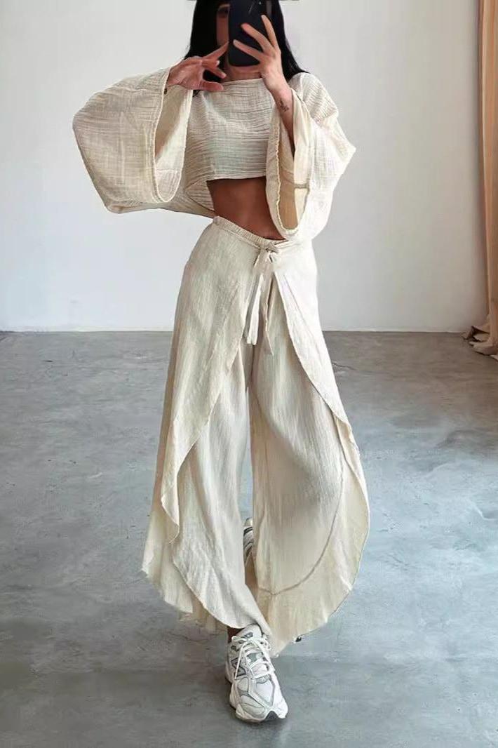 Linen Blend Crop Top Ruffled Pant Set