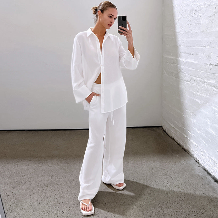 White Pure Cotton Street Style Trousers Suit