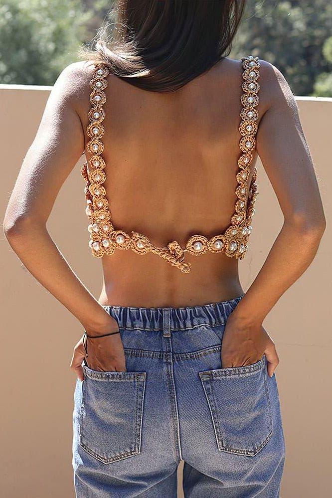 Hand-Crocheted Sleeveless Beaded Slim Top