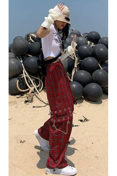 Hip Hop Punk Plaid Pants with Patch Details