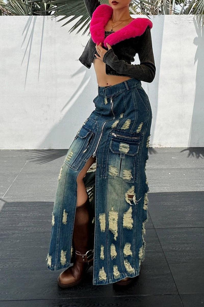 Frayed Slim Fit Denim Long Skirt