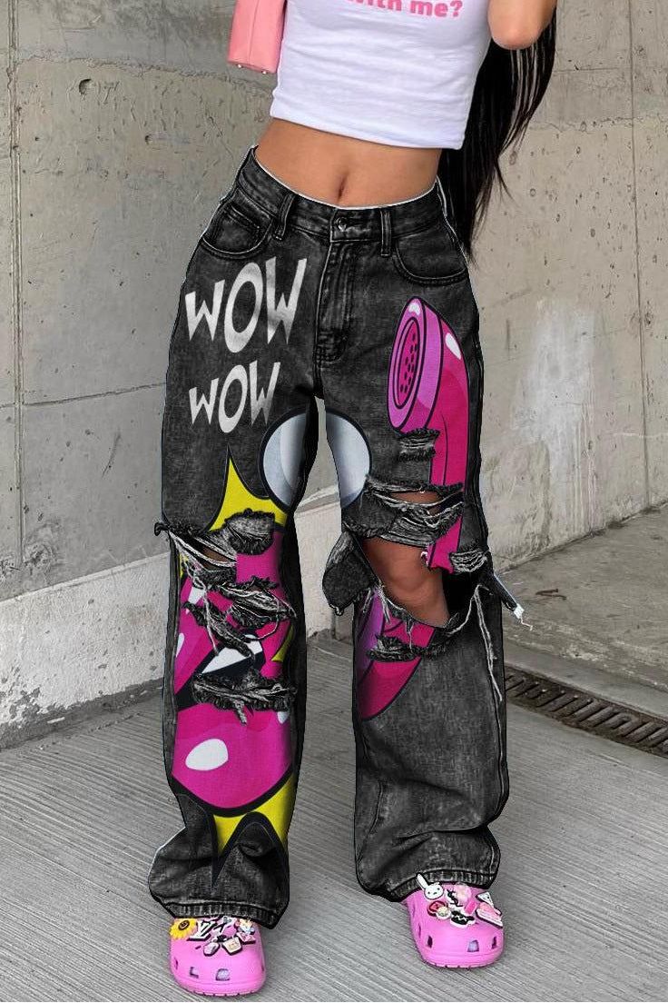 Wide Leg Jeans With Raw Edges And Holes