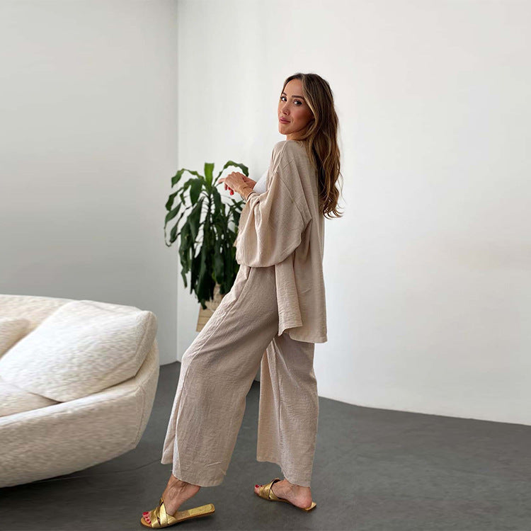 Linen Two Piece Set with Long Sleeve Top and Pants