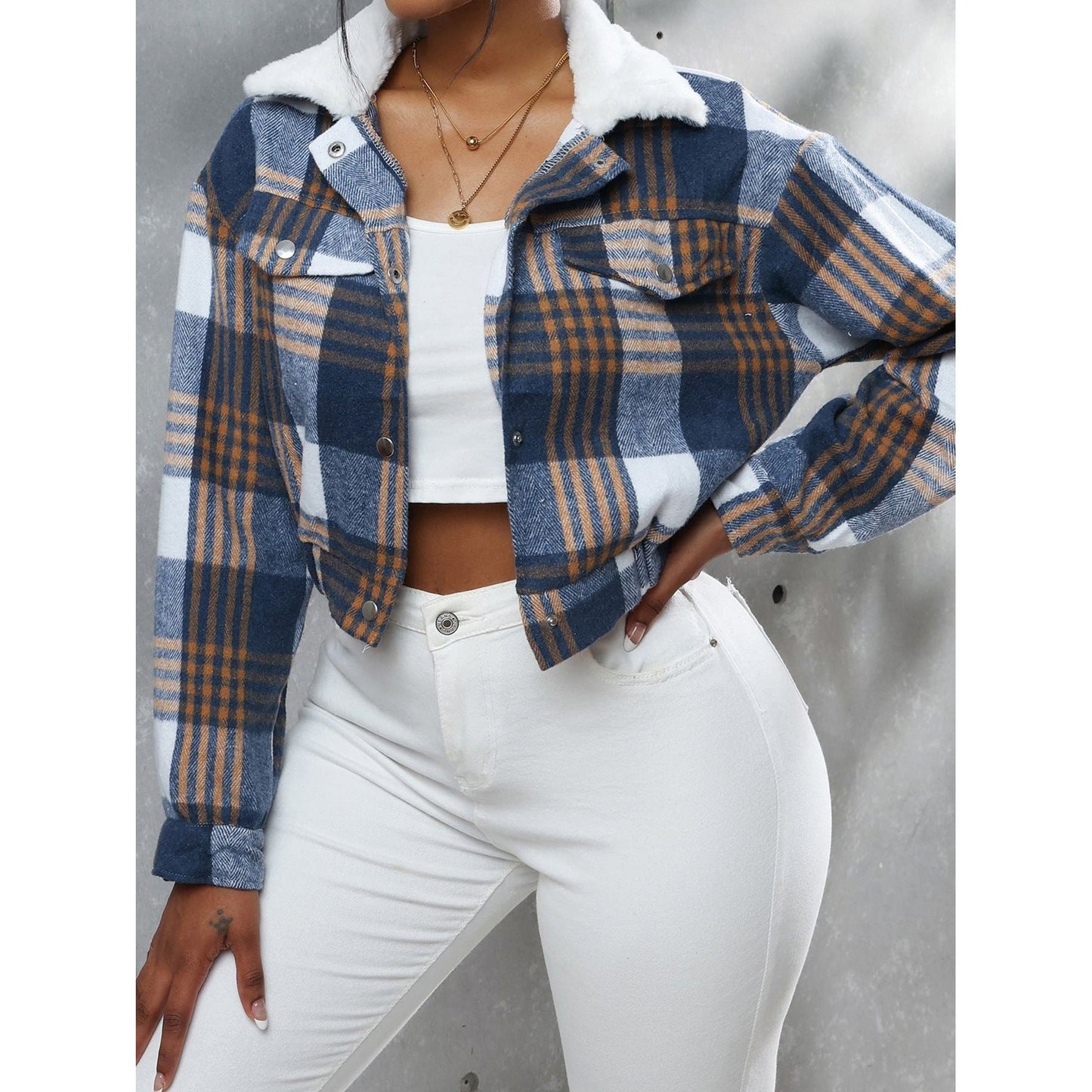 Plaid Long-Sleeved Cropped Jacket