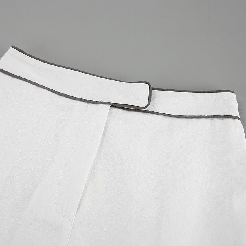 Long Sleeve Linen Shorts Set in Black and White