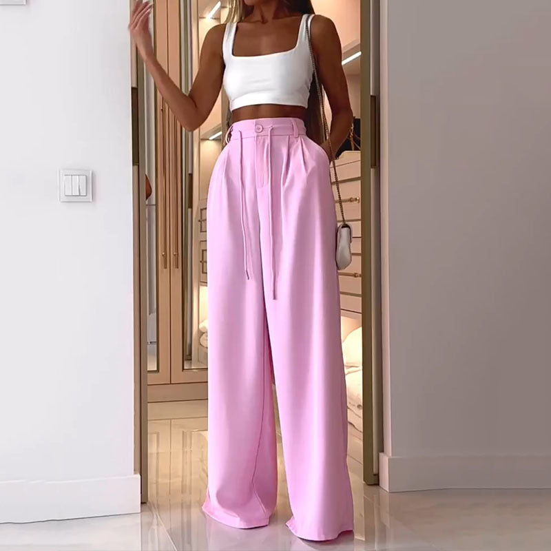 Loose Pink Long Pants and White Crop Top Set