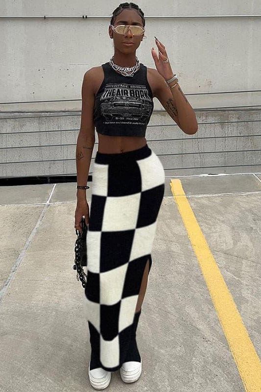 High Waist Slim Slit Checkerboard Skirt