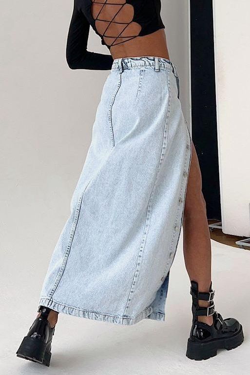 American Retro Slit Denim Long Skirt