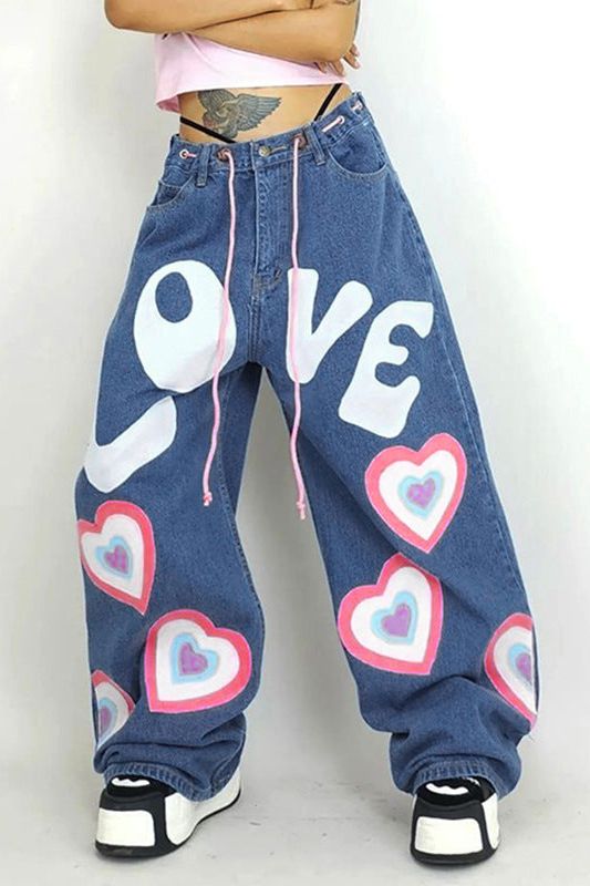 Graffiti Printed Wide-Leg Floor-Length Jeans