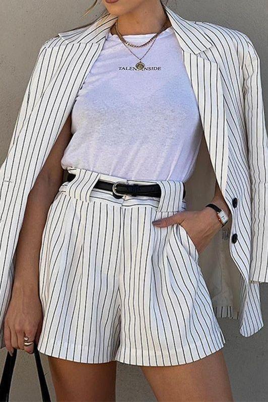 Striped Long-Sleeved Shorts Two-Piece Suit Set