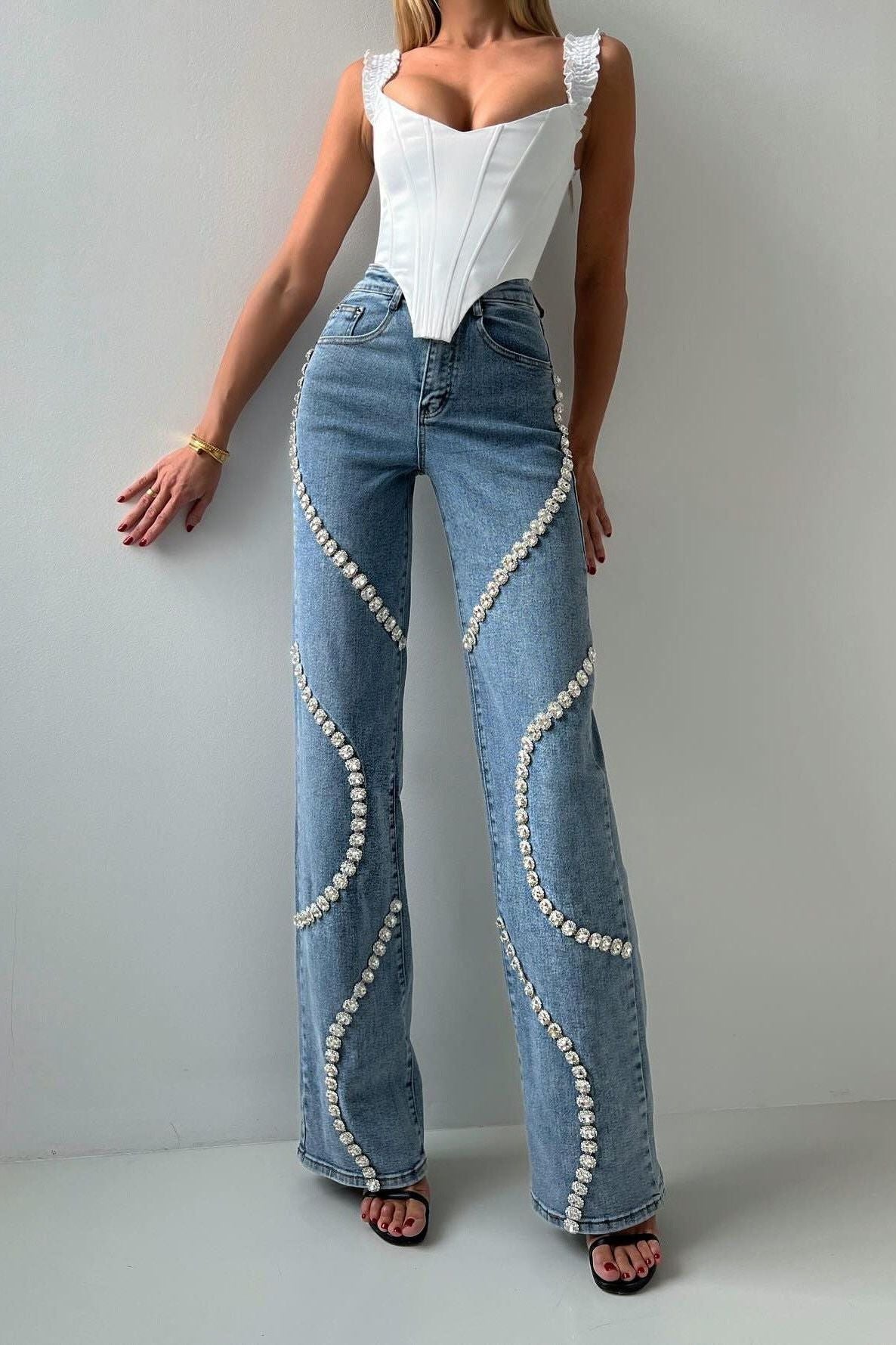 Denim Diamond Straight Jeans with Rhinestone Detail