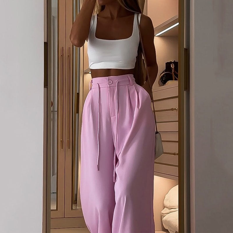 Loose Pink Long Pants and White Crop Top Set