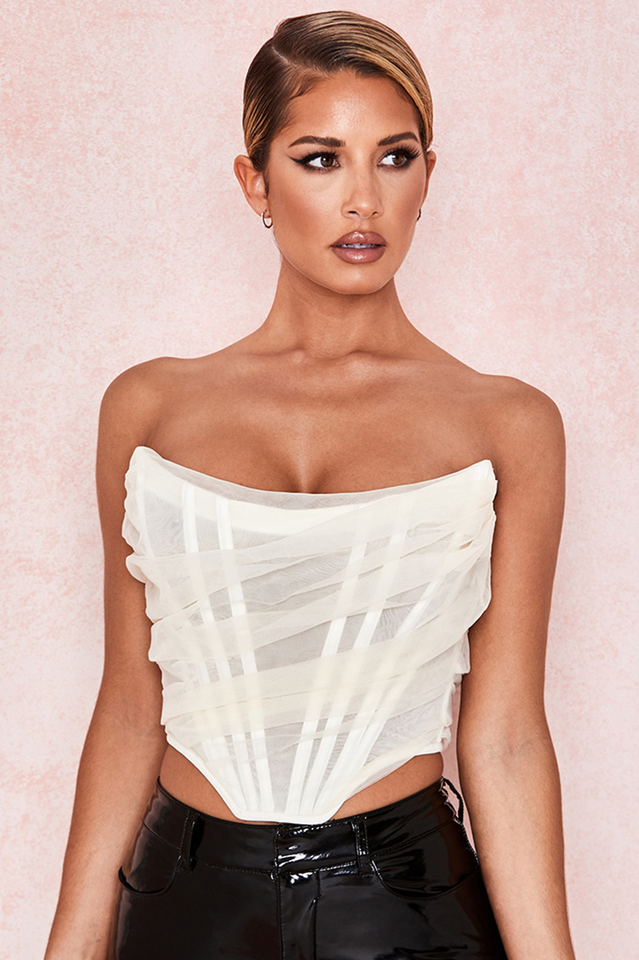 Mesh Boned Corset Top With Chiffon Draping