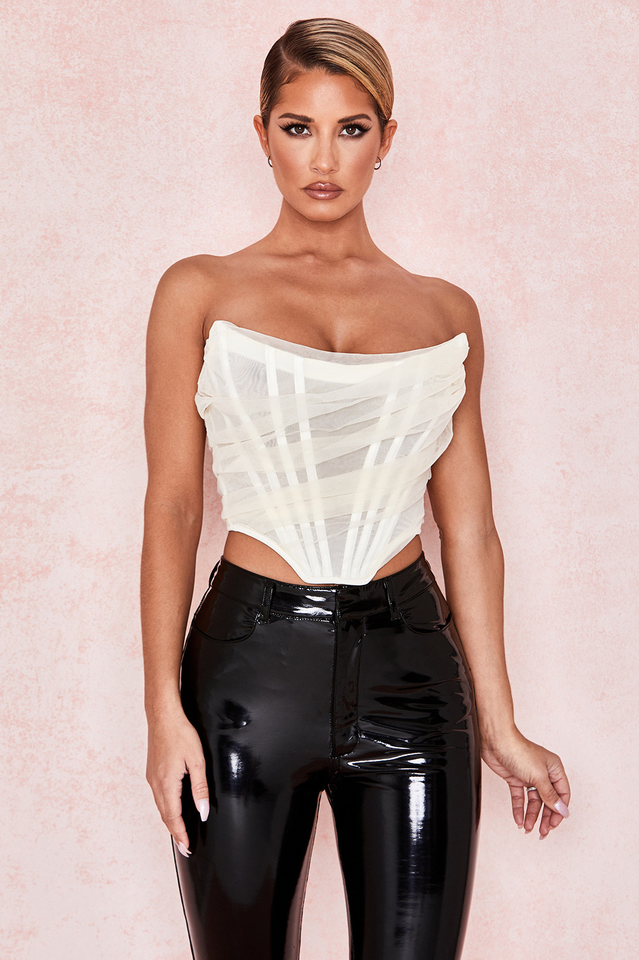 Mesh Boned Corset Top With Chiffon Draping