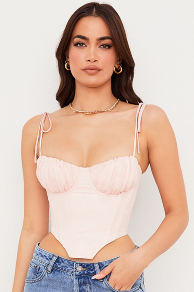 Baby Pink Chiffon Gathered Bust Cropped Corset